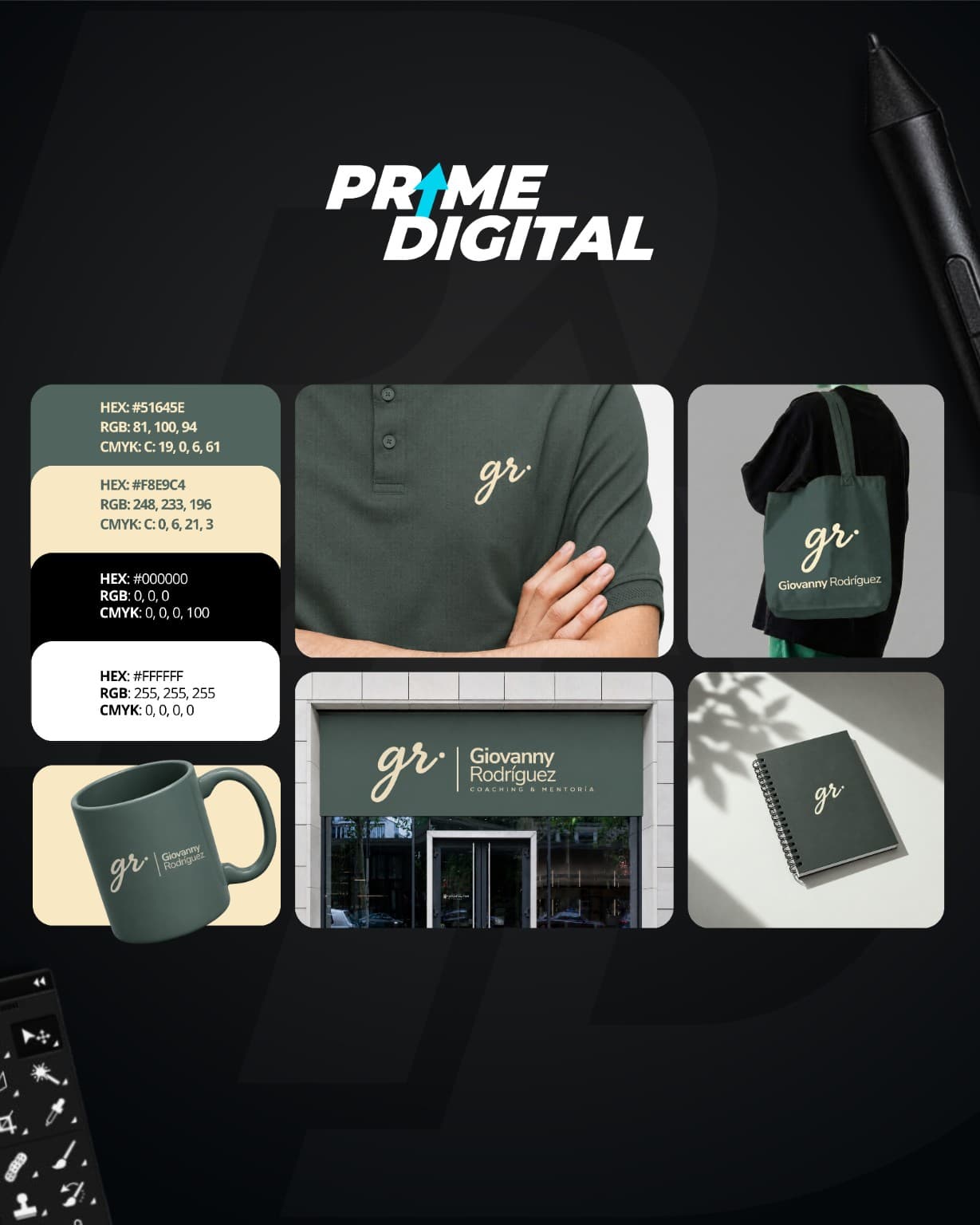 Identidad Giovanny Rodríguez en verde y crema: monograma gr, polo, bolsa, taza, fachada y libreta.