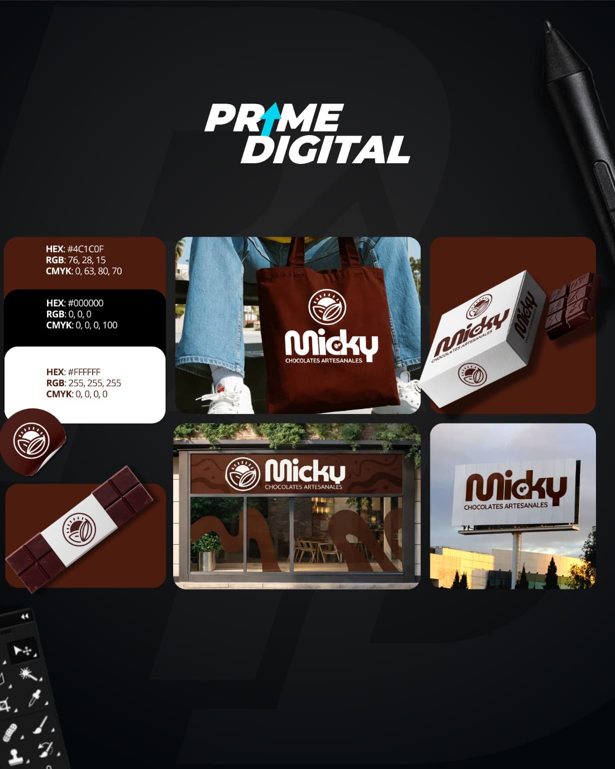 Identidad Micky en café y blanco: paleta, bolsa, chocolates, empaque, fachada y anuncio exterior.