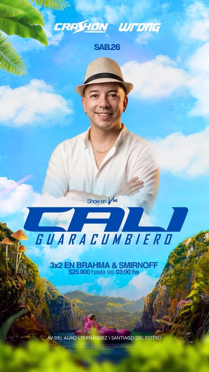 Cartel tropical azul y verde de Cali Guaracumbiero con retrato del cantante y paisaje.