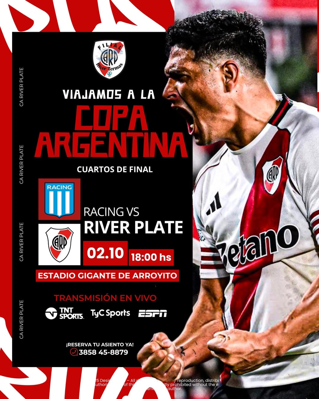 Cartel de fútbol en rojo, blanco y negro para Racing y River Plate en la Copa Argentina.