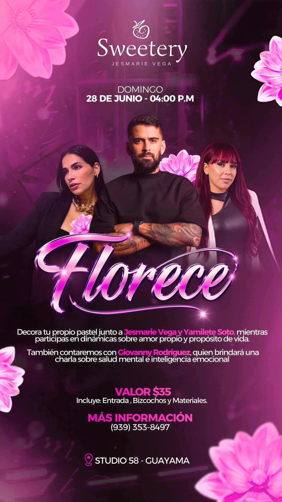 Composición Florece con tres retratos, flores rosas y tipografía sobre fondo morado.