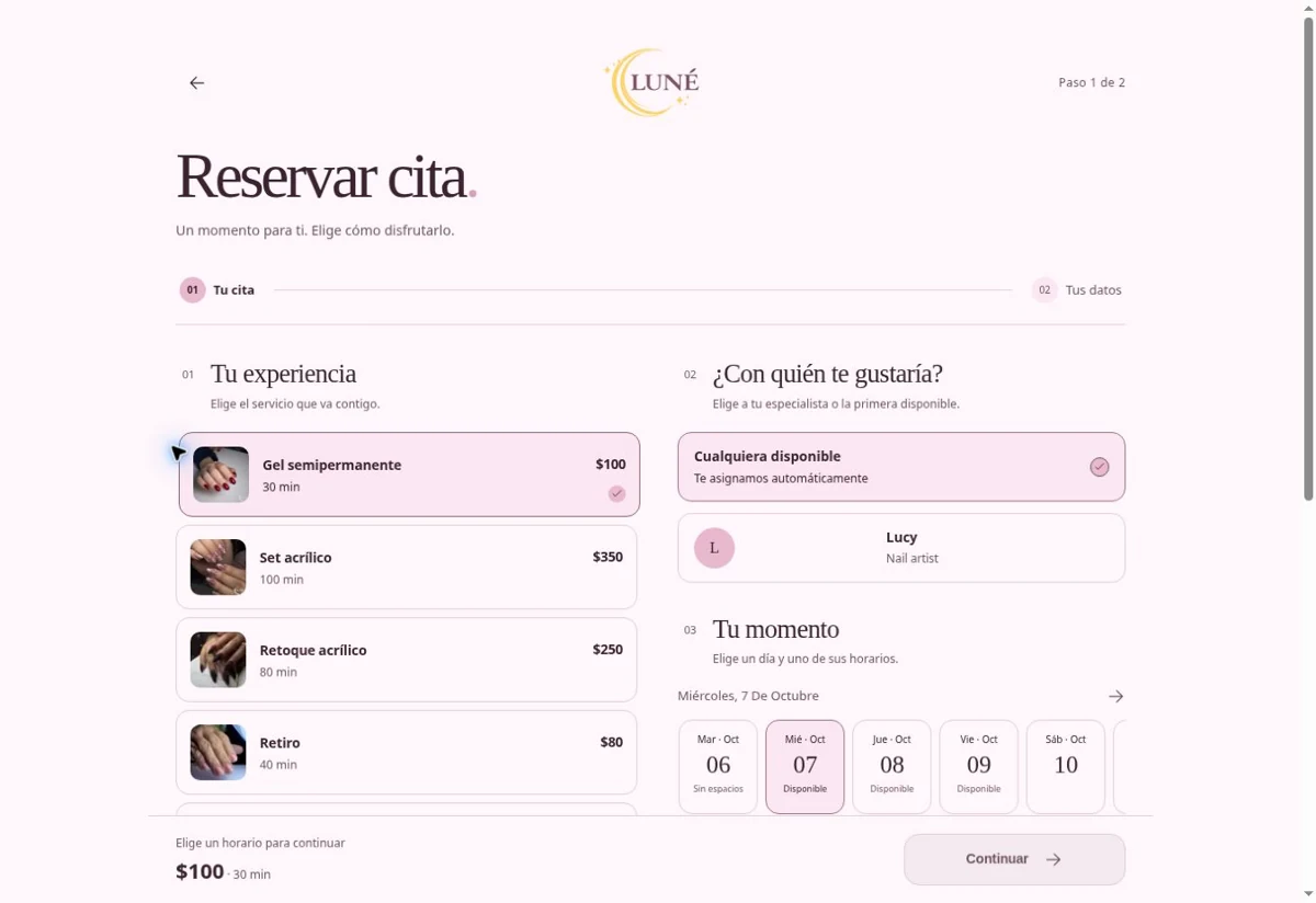 Flujo real de LUNÉ para seleccionar servicio, especialista y fecha de una cita