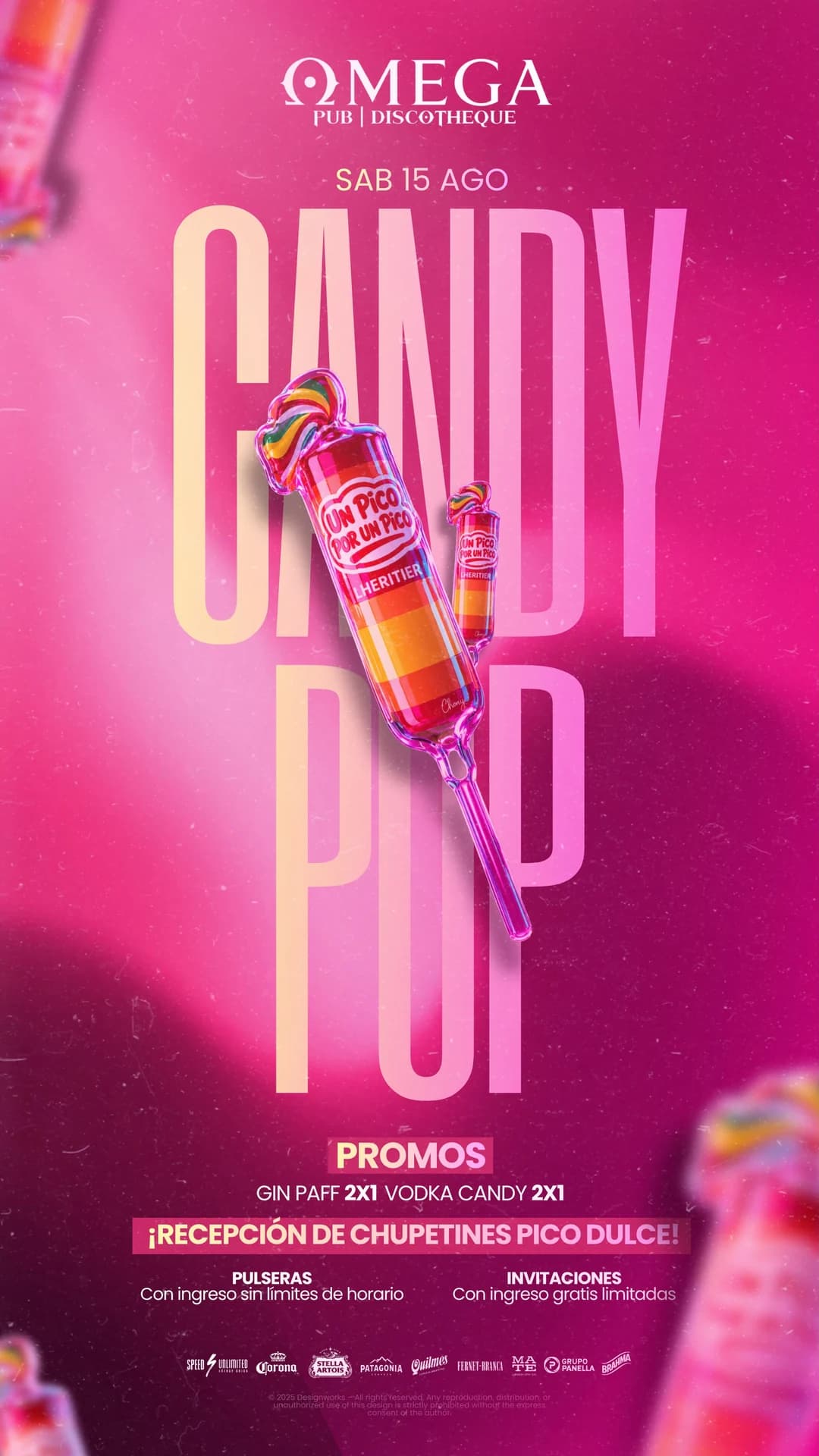 Cartel Candy Pop en rosa con chupetines envueltos y tipografía vertical