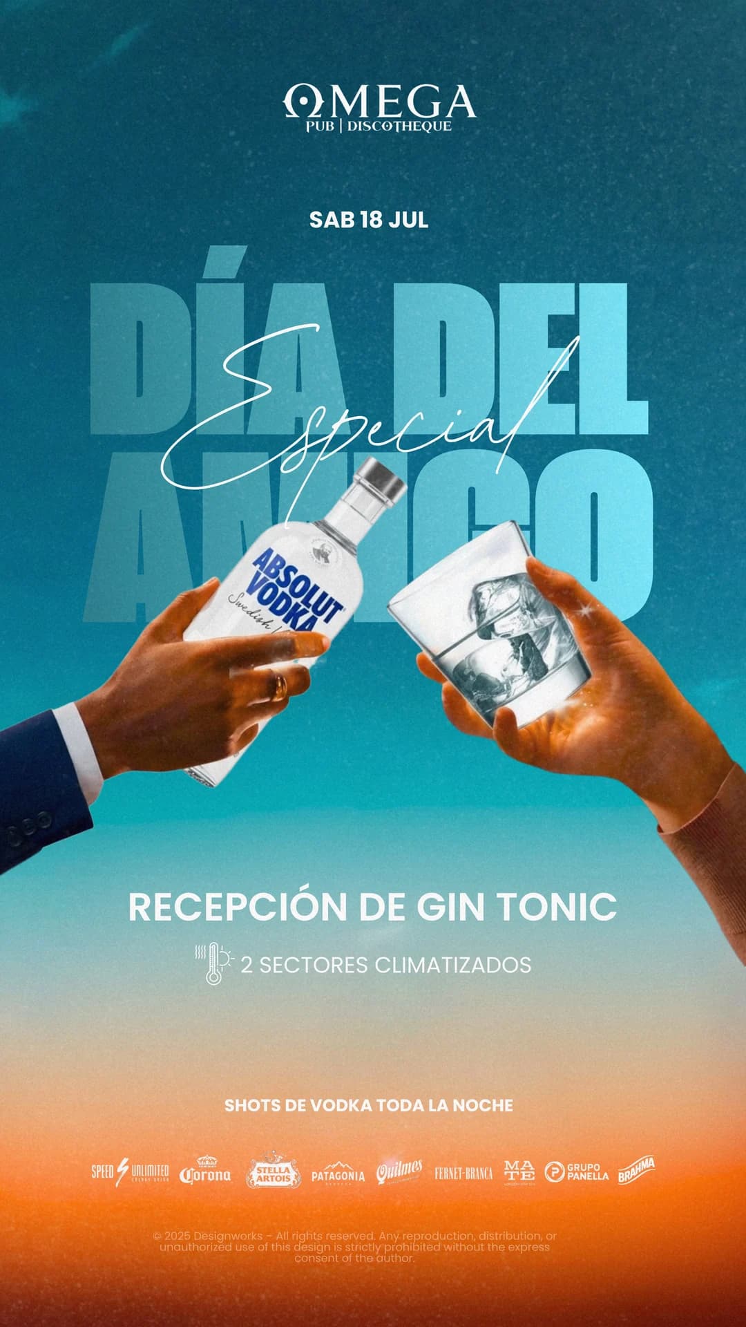 Diseño promocional Día del Amigo con una botella y un vaso sobre un fondo cian y naranja.