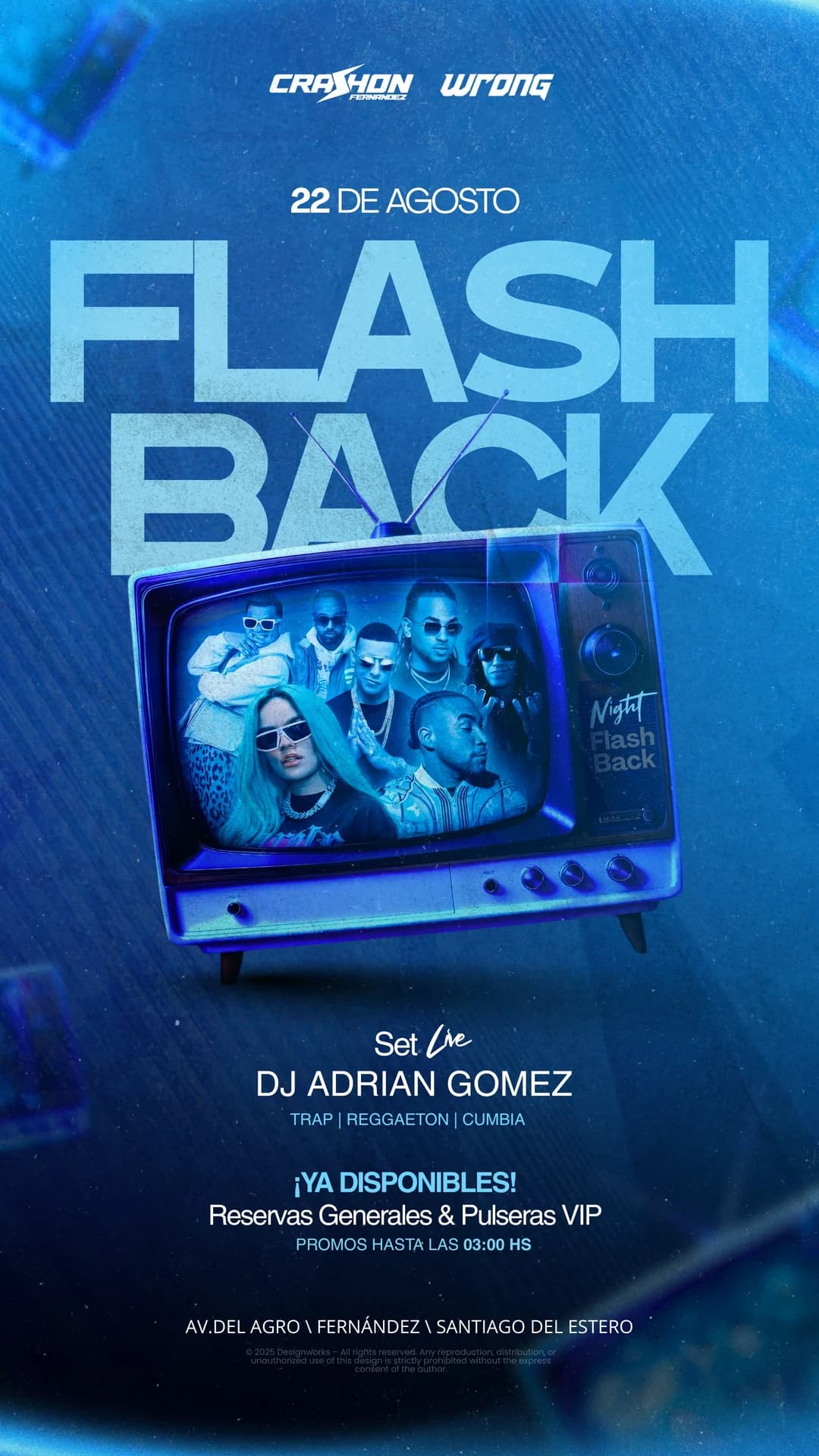 Cartel azul Flash Back con un televisor retro y composición de artistas.