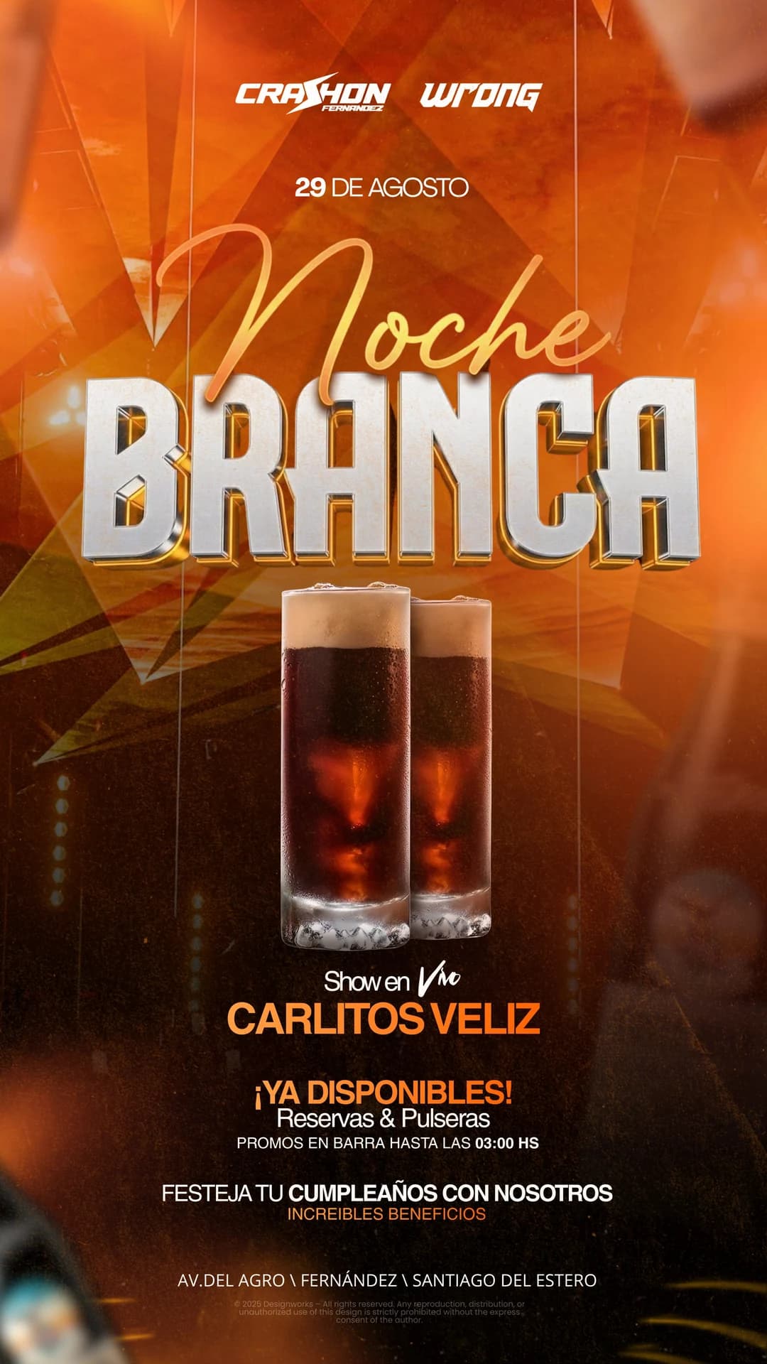Cartel Noche Branca en naranja con dos vasos y título plateado