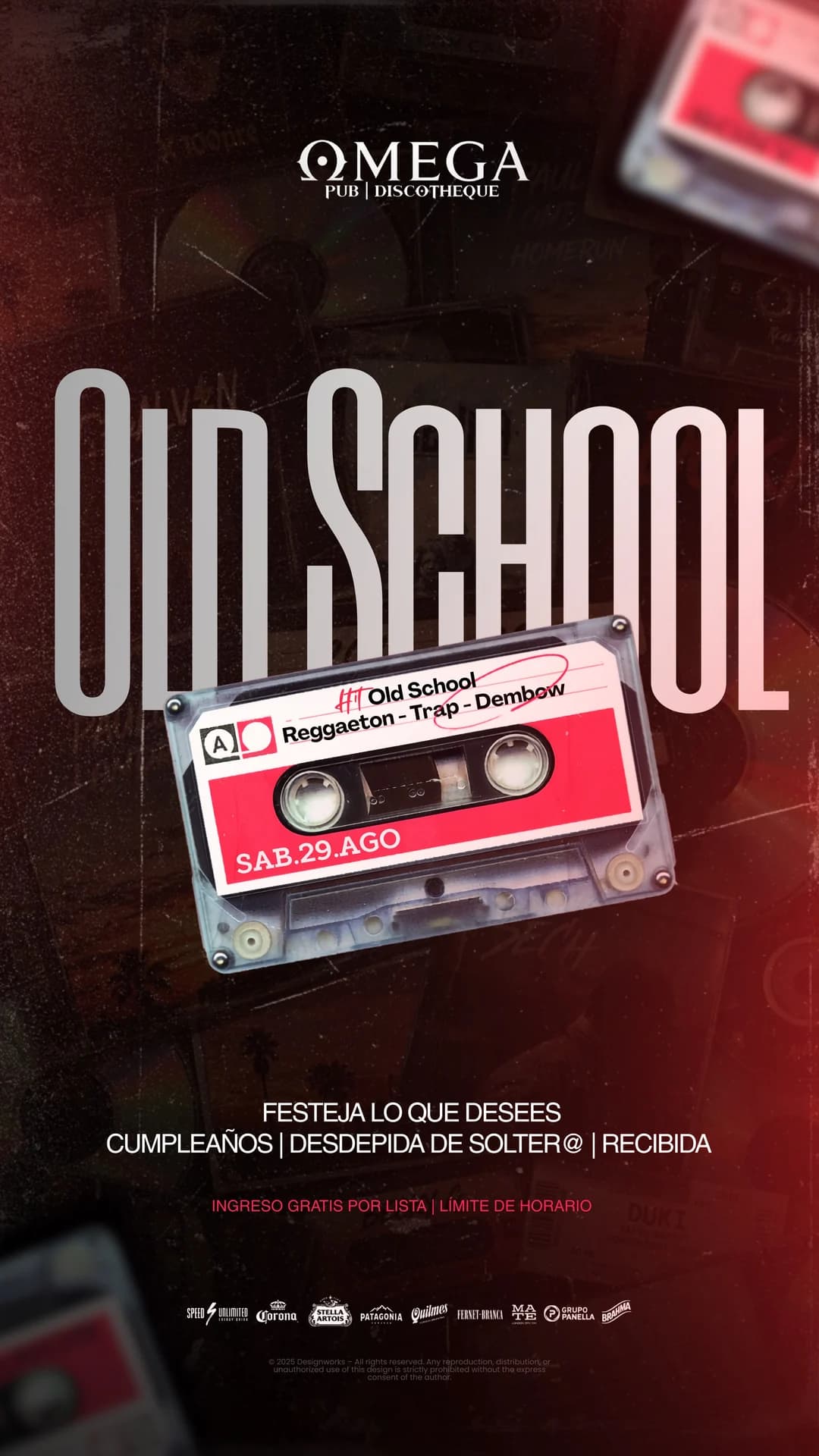 Cartel Old School con tipografía alargada y un cassette sobre un fondo oscuro.